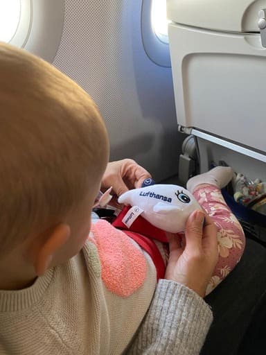 Kleinkind spielt mit Lufthansa Plüschtier