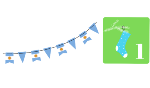 Argentinische Wimpelflaggen, daneben ein grünes Quadrat mit einer weißen Zahl Eins und einem hellgrünen Tannenzweig, an dem eine blau-weiße Socke hängt.