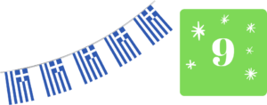 Griechische Wimpelflaggen auf weißem Hintergrund. Rechts daneben ein hellgrünes Quadrat mit einer weißen Neun als Zahl, die von unterschiedlich großen weißen Sternen umringt ist.