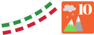 Italienische Wimpelflagge auf weißem Hintergrund. Rechts daneben ein orangenes Quadrat mit einer weißen Zehn als Zahl und einem grünen sowie einem grauen Berg mit weißen Spitzen und grauen Wolken darüber