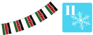 Kenianische Wimpelflaggen auf weißem Hintergrund. Rechts daneben ein hellblaues Quadrat mit einer weißen Elf als Zahl und einer weißen Schneeflocke.