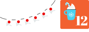 Japanische Wimpelflaggen auf weißem Hintergrund. Rechts daneben ein orangenes Quadrat mit einer weißen Zwölf als Zahl und einer blauen Kaffeetasst und weißem Milchschaum.