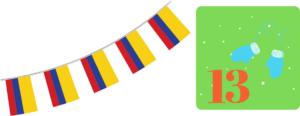 Kolumbianische Wimpelflaggen auf weißem Hintergrund. Rechts daneben ein grünes Quadrat mit einer roten Dreizehn als Zahl und blau-weißen Handschuhen