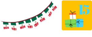 Mexikanische Wimpelflaggen auf weißem Hintergrund. Rechts daneben ein gelbes Quadrat mit einer hellblauen 15 als Zahl und bunt verpackten Geschenken