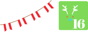Peruanische Wimpelflaggen auf weißem Hintergrund. Rechts daneben ein grünes Quadrat mit einer weißen Sechzehn als Zahl und einem hellblauen Hirschkopf mit roten Augen und weißem Geweih