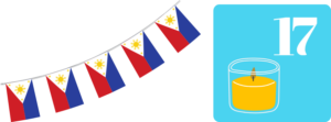 Philippinische Wimpelflaggen auf weißem Hintergrund. Rechts daneben ein hellblaues Quadrat mit einer weißen Siebzehn und einer gelben Kerze.