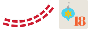 Österreichische Wimpelflaggen auf weißem Hintergrund. Rechts daneben ein beiges Quadrat mit einer roten Achtzehn als Zahl und einer hellblauen Weihnachtskugel in Tropfenform mit gelber Schneeflocke verziert