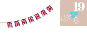 Britische Wimpelflaggen auf weißem Hintergrund. Rechts daneben ein beiges Quadrat mit einer weißen Neunzehn als Zahl und blauen Beeren mit weißen Blättern