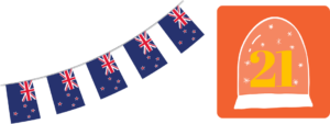 Neuseeländische Wimpelflaggen auf weißem Hintergrund. Rechts daneben ein orangenes Quadrat mit einem weißen Fenster mit rundem Bogen oben, das verschneit aussieht. In dem Fenster befindet sich eine gelbe Einundzwanzig als Zahl