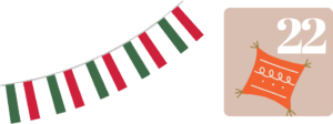 Ungarische Wimpelflaggen auf weißem Hintergrund. Rechts daneben ein beiges Quadrat mit einer weißen Zweiundzwanzig als Zahl und einem orangenen und hell besticktem Kissen