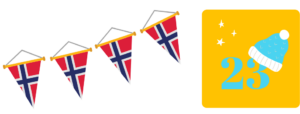 Norwegische Wimpelflaggen auf weißem Hintergrund. Rechts daneben ein gelbes Quadrat mit einer hellblauen Dreiundzwanzig als Zahl und einer hellblauen Zipfelmütze sowie weißen Schneeflocken.