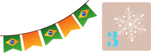 Brasilanische Wimpelflagge, daneben ein hellbraunes Quadrat mit einer hellblauen Drei und einer weißen Schneeflocke darin