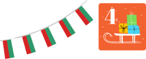 Bulgarische Wimpelflagge auf weißem Hintergrund. Daneben ein orangenes Quadrat mit einer weißen Vier als Zahl und einem weißen Schlitten mit bunten Geschenken.