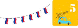 Russische Wimpelflaggen auf weißem Hintergrund. Daneben ein gelbes Quadrat mit einer weißen Fünf als Zahl und einem blauen Auto mit Tannenbaum auf dem Dach
