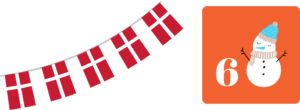 Schwedische Wimpelflaggen auf weißem Hintergrund. Daneben ein orangenes Quadrat mti einer weißen Sechs als Zahl und einem weißen Schneemann mit blauer Mütze