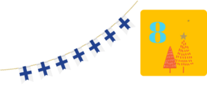 Finnische Wimpelflagge auf weißem Hintergrund. Rechts daneben ein gelbes Quadrat mit einer hellblauen Acht als Zahl und einem dunkelorangen und einem hellorangen Tannenbaum